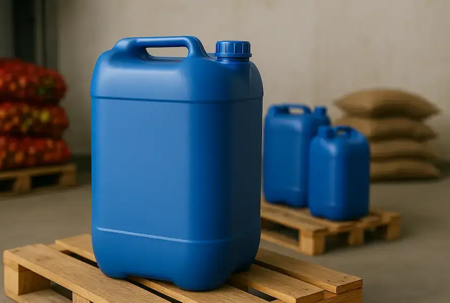 Bidón azul de 30 litros sobre pallet en un ambiente industrial.