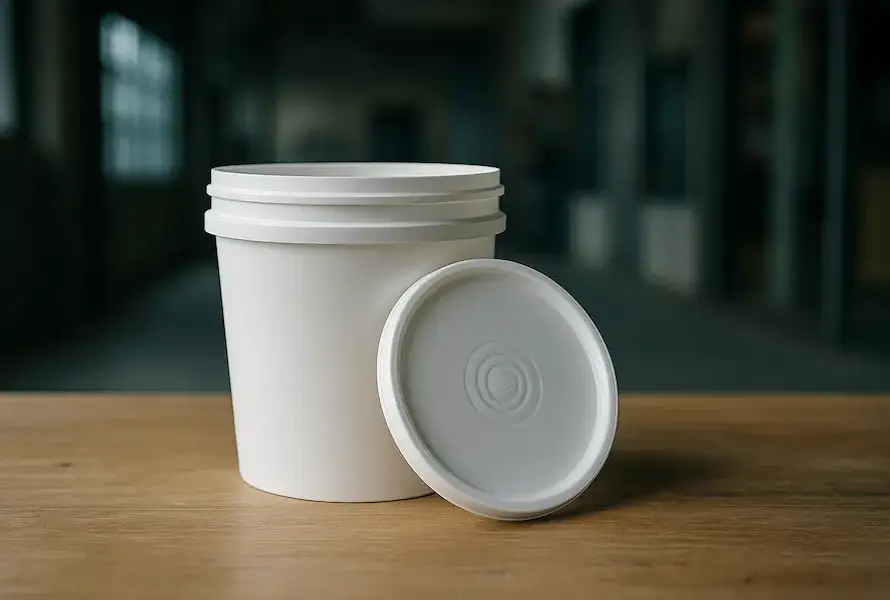 Bote cónico de 1 litro con tapa, sobre mesa en un entorno industrial, secchio