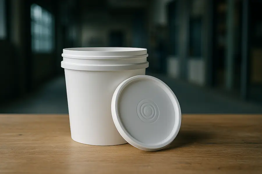 Bote cónico de 1 litro con tapa, sobre mesa en un entorno industrial, secchio