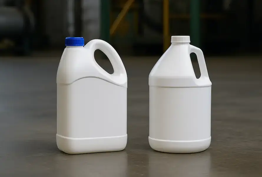 Comparación de dos garrafas de 4 litros tipo anticongelante y Comex en ambiente industrial.