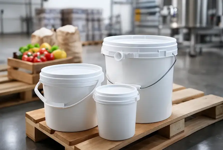 Cubetas blancas grado alimenticio de diferentes capacidades colocadas sobre un pallet en un ambiente industrial, con vegetales y sacos al fondo para transmitir uso en la industria alimentaria.