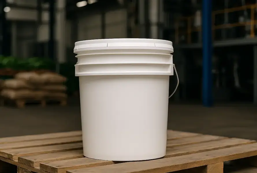 Cubeta blanca de 19 litros sobre pallet en un ambiente industrial.