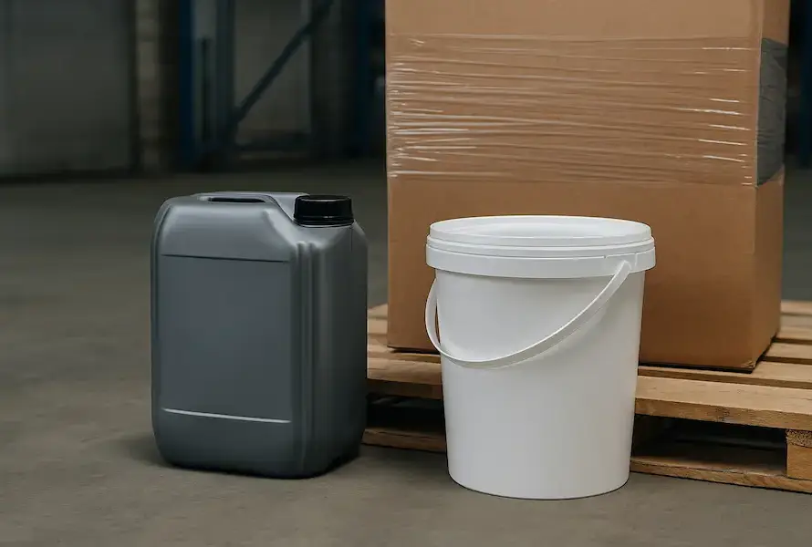 Envase, cubeta y caja de embalaje sobre pallet en un entorno industrial, secchio