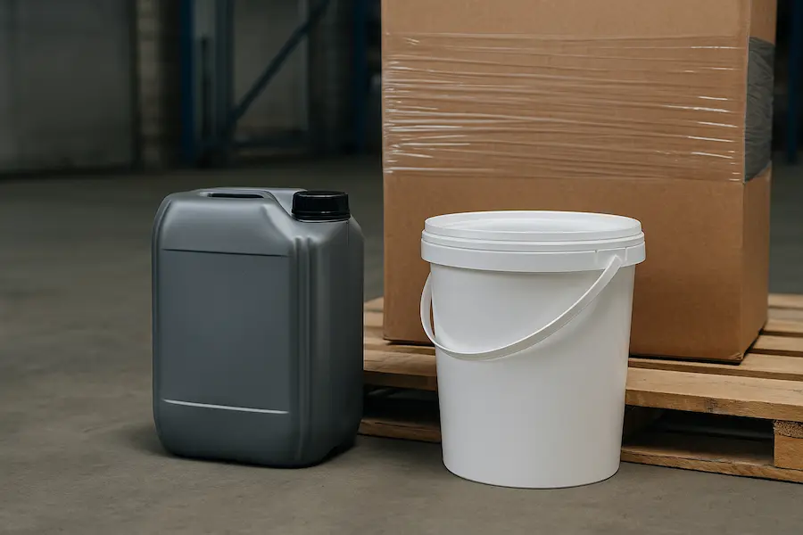 Envase, cubeta y caja de embalaje sobre pallet en un entorno industrial, secchio