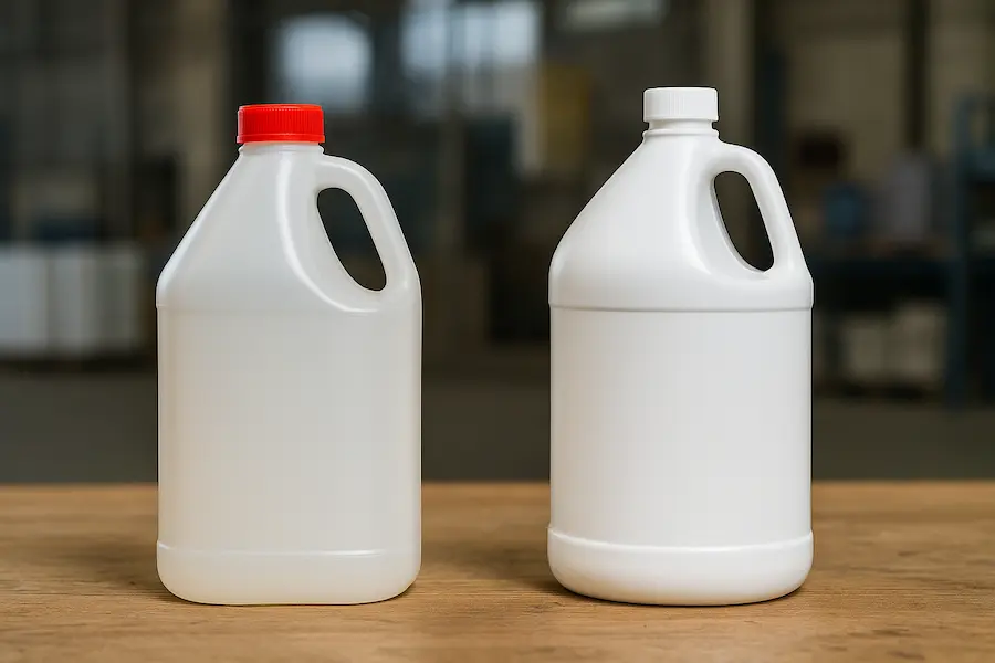 Comparación de dos garrafas de 4 litros: una tipo anticongelante y otra tipo Comex, sobre superficie industrial.