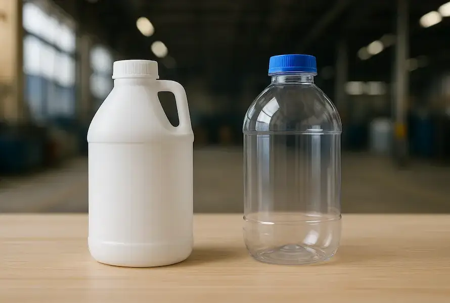 Envases de HDPE y PET sobre mesa en un entorno industrial.