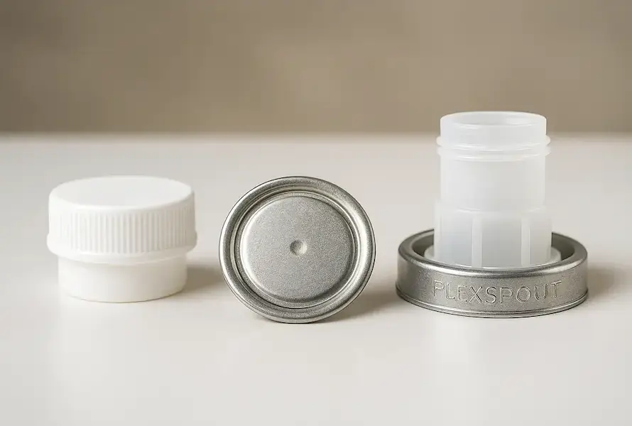 Tres tipos de tapones industriales: plástico roscado, tin plug y flex spout sobre superficie neutra.