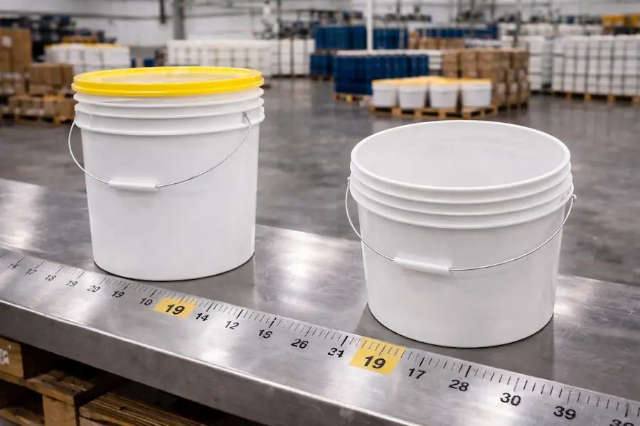 Capacidad de una cubeta Secchio de 19 litros, cubetas de plástico sobre mesa de medición en planta industrial