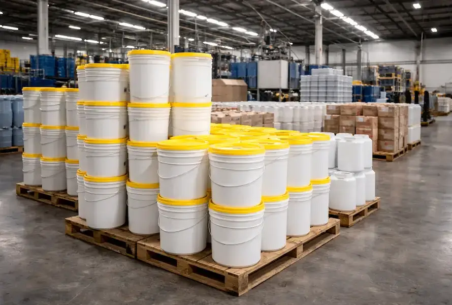 Cubetas de plástico por mayoreo en bodega de Secchio Envases, pallets con cubetas industriales listas para distribución