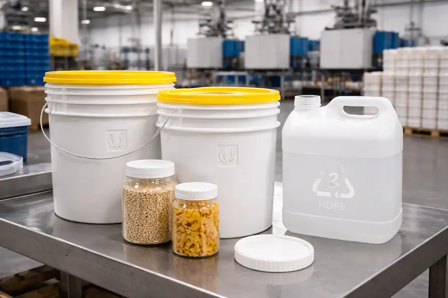 Envases grado alimenticio de Secchio con cubetas HDPE, garrafa y tarros para alimentos en área de producción