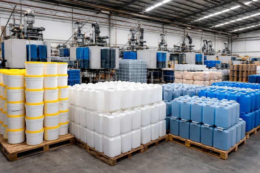 Fábrica de envases plásticos en México con cubetas, garrafas y bidones industriales en área de producción secchio
