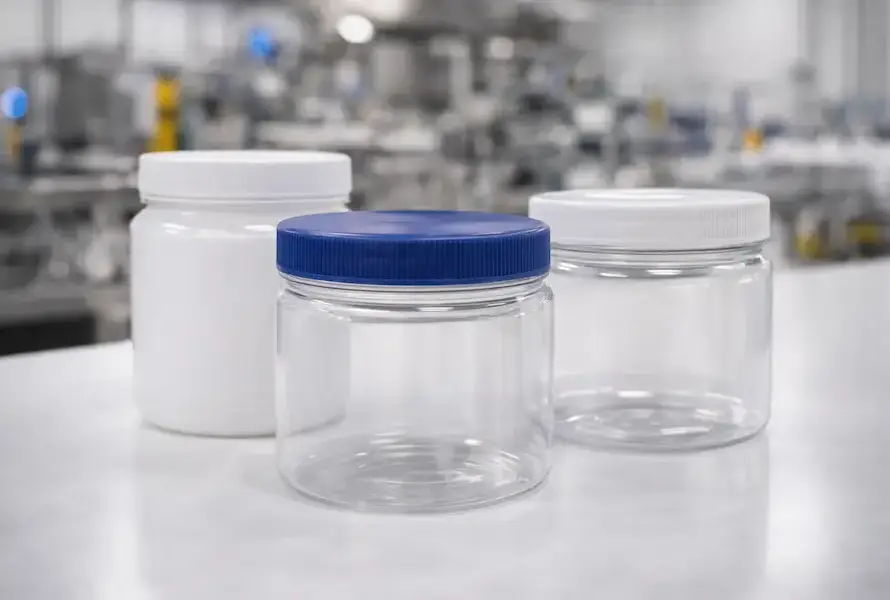 Tarros de plástico grado alimenticio de Secchio en PET y PP, envases de boca ancha en área limpia de producción