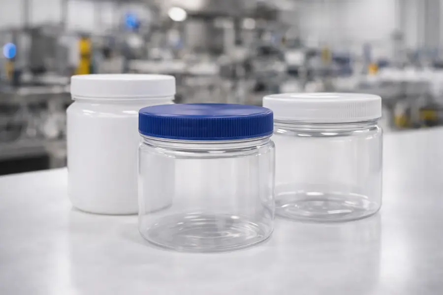 Tarros de plástico grado alimenticio de Secchio en PET y PP, envases de boca ancha en área limpia de producción