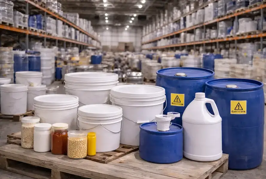 Bodega industrial con variedad de envases plásticos como cubetas, bidones y garrafas para uso industrial.