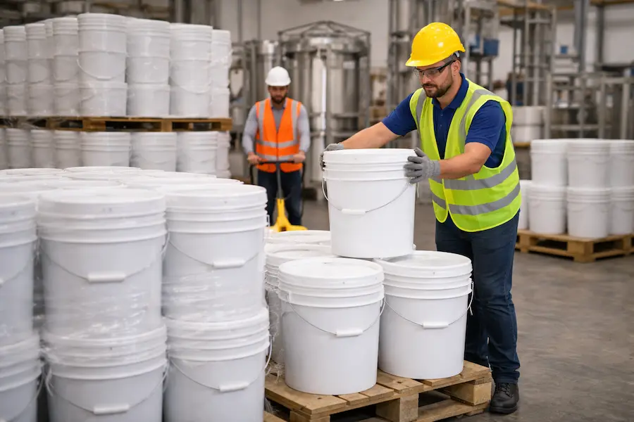 Trabajadores manipulando cubetas de 19 litros industriales en área de producción.