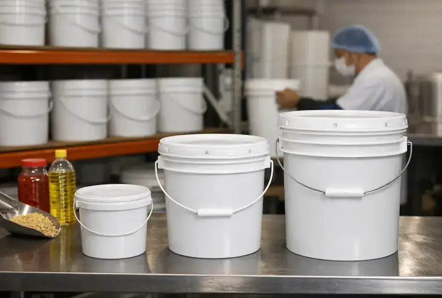 Cubetas grado alimenticio de plástico HDPE en diferentes capacidades dentro de área industrial para almacenamiento seguro de alimentos.