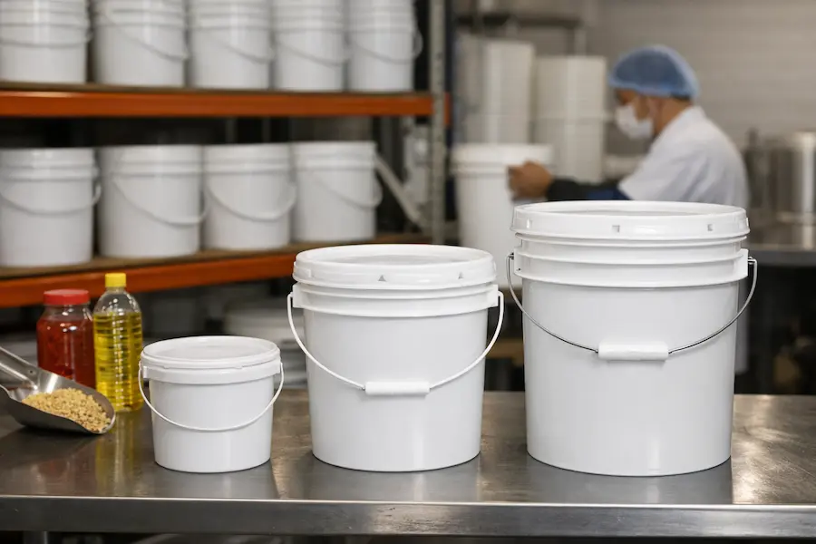 Cubetas grado alimenticio de plástico HDPE en diferentes capacidades dentro de área industrial para almacenamiento seguro de alimentos.