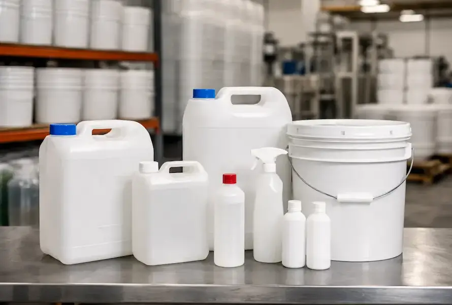 Envases de plástico HDPE industriales en diferentes tamaños dentro de área de producción.