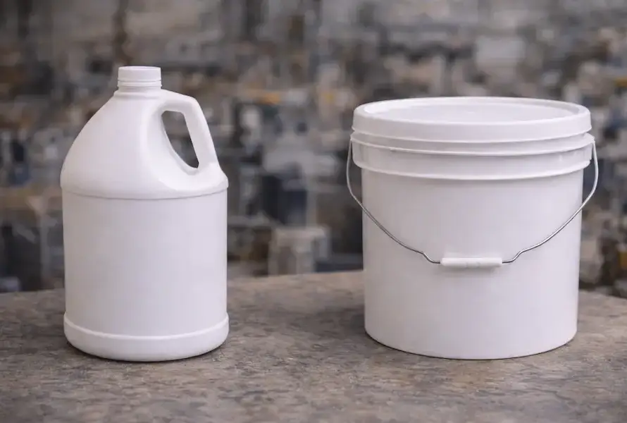 Comparativa natural entre galón de 4 litros y cubeta de 4 litros para uso industrial y comercial.