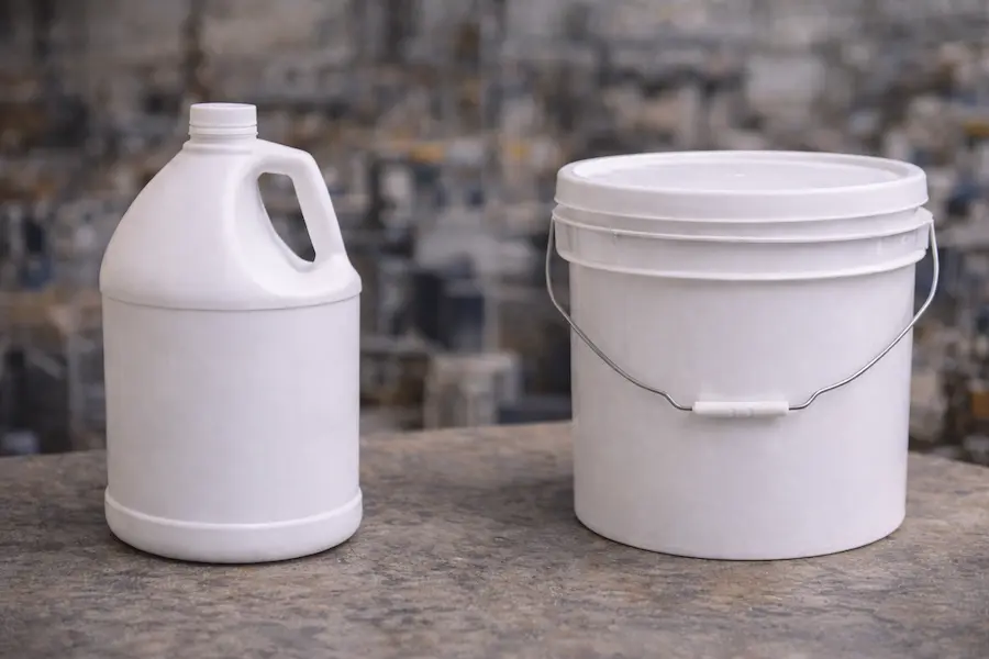 Comparativa natural entre galón de 4 litros y cubeta de 4 litros para uso industrial y comercial.