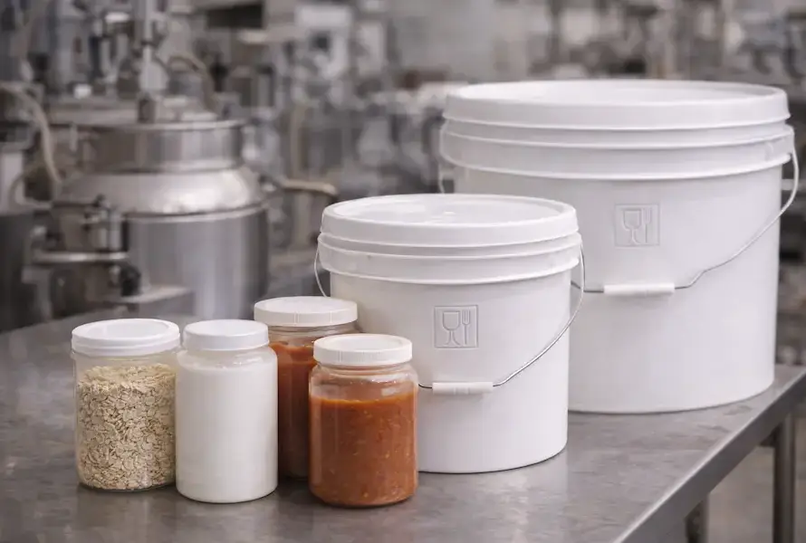 Envases de plástico grado alimenticio como cubetas y tarros HDPE en entorno industrial para alimentos.