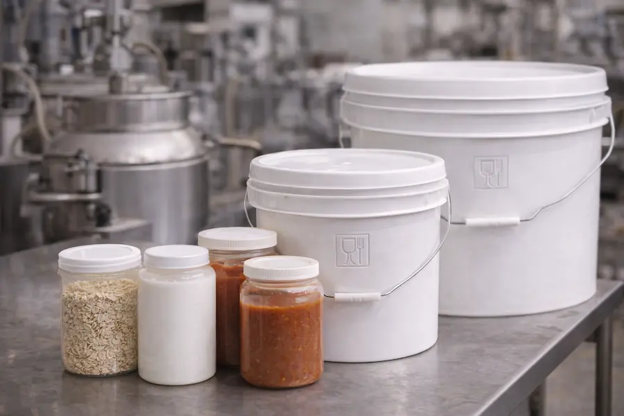 Envases de plástico grado alimenticio como cubetas y tarros HDPE en entorno industrial para alimentos.