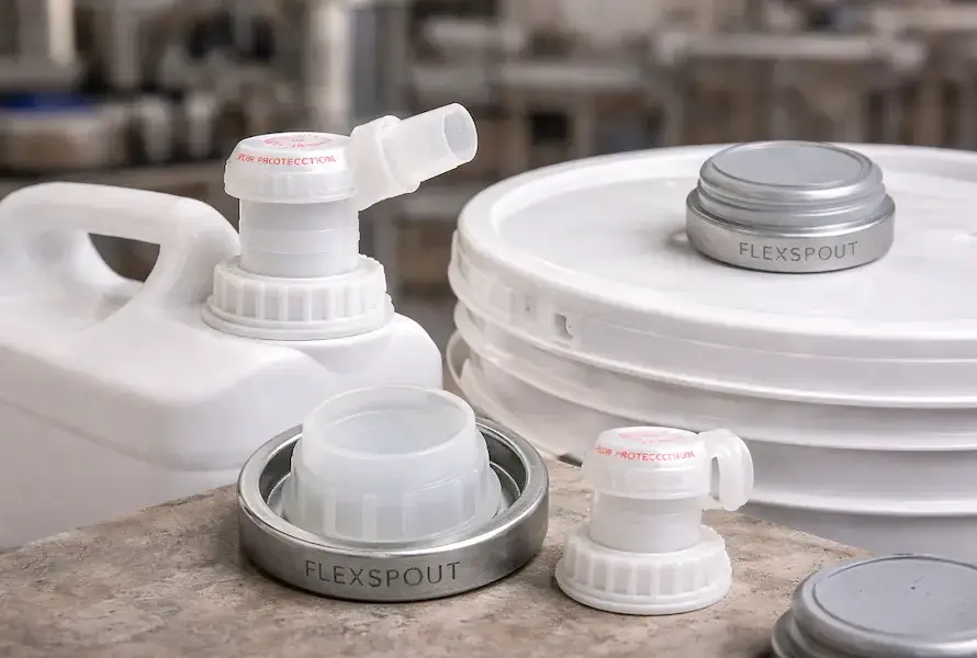Tapón Flex Spout Rieke instalado en cubeta y garrafa HDPE para vertido seguro en uso industrial.