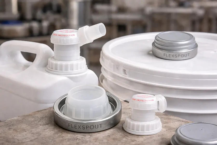 Tapón Flex Spout Rieke instalado en cubeta y garrafa HDPE para vertido seguro en uso industrial.