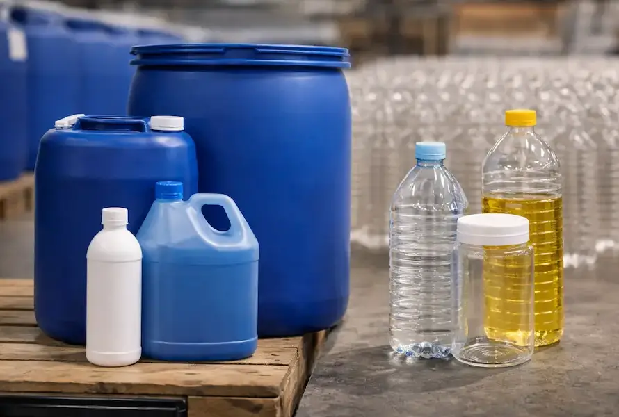 Envases industriales de HDPE y PET en almacén mostrando diferencias de material para procesos de envasado