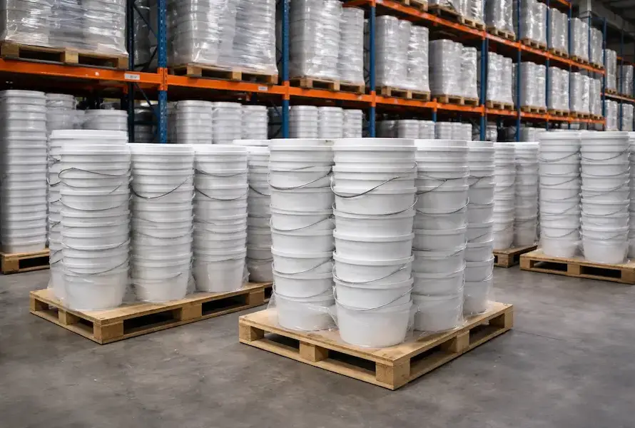 Cubetas de plástico cónicas apiladas en almacén industrial optimizando espacio logístico y costos de transporte