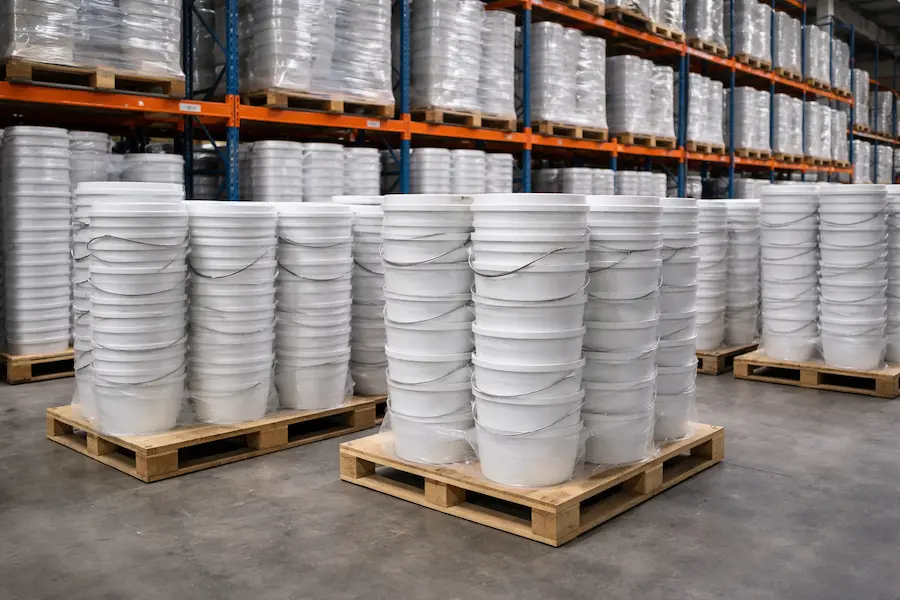 Cubetas de plástico cónicas apiladas en almacén industrial optimizando espacio logístico y costos de transporte