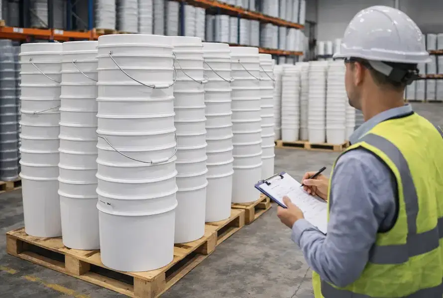 Cubetas cónicas industriales apiladas en pallets en almacén mostrando optimización de espacio y logística