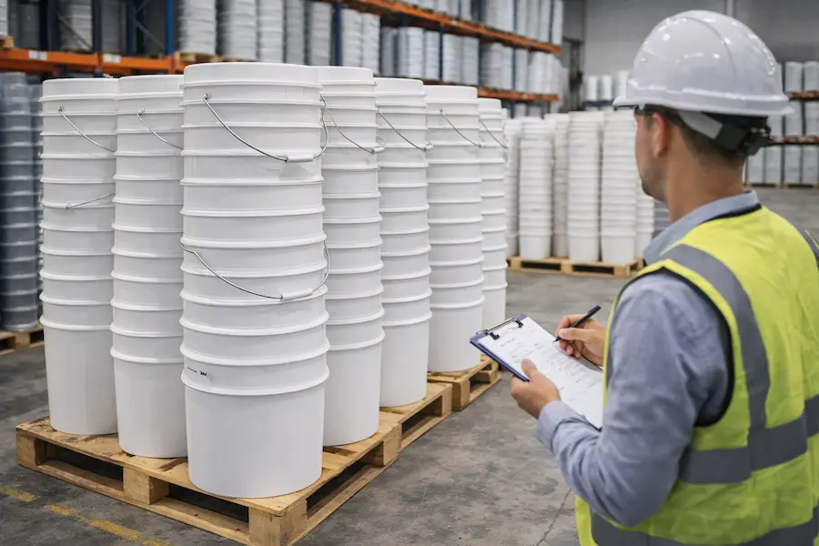 Cubetas cónicas industriales apiladas en pallets en almacén mostrando optimización de espacio y logística