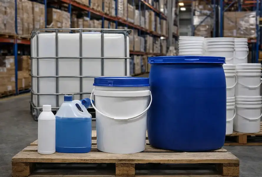 Envases y embalajes industriales de distintos formatos organizados en almacén para optimizar la cadena de suministro B2B