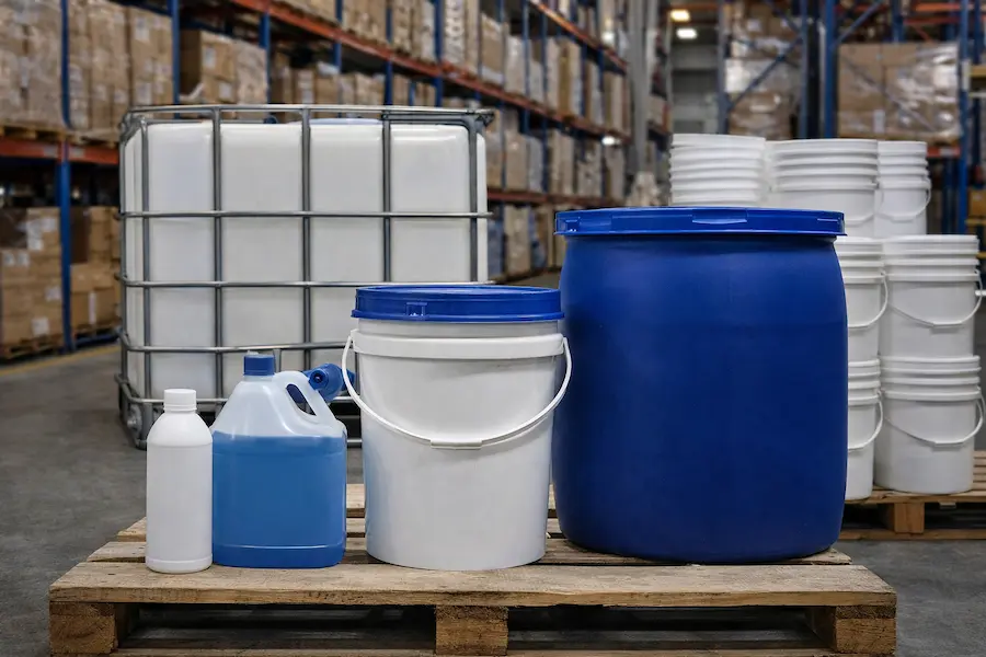 Envases y embalajes industriales de distintos formatos organizados en almacén para optimizar la cadena de suministro B2B