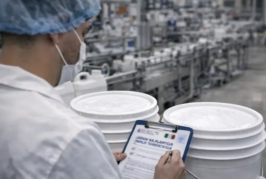 Inspección de envases plásticos grado alimenticio en planta industrial para control de higiene y calidad