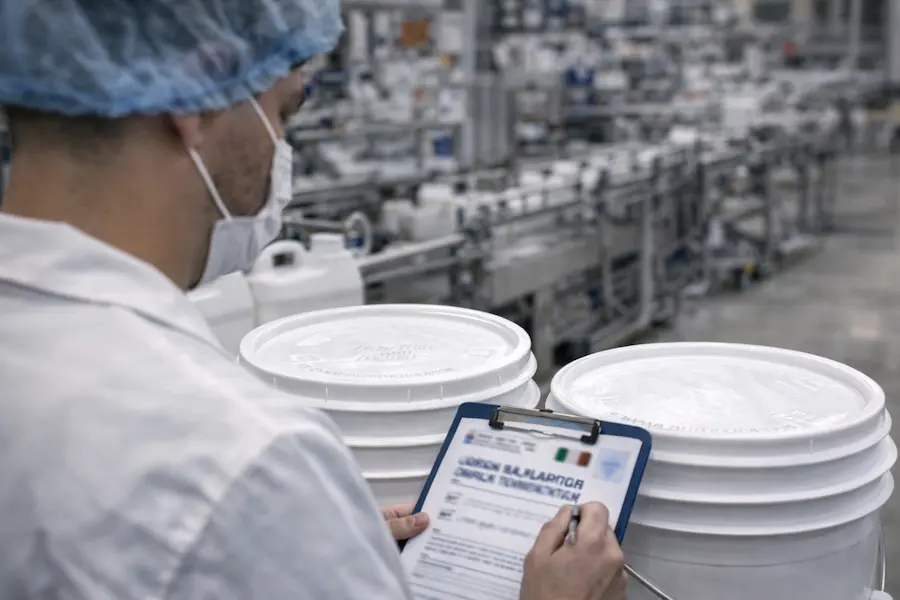 Inspección de envases plásticos grado alimenticio en planta industrial para control de higiene y calidad