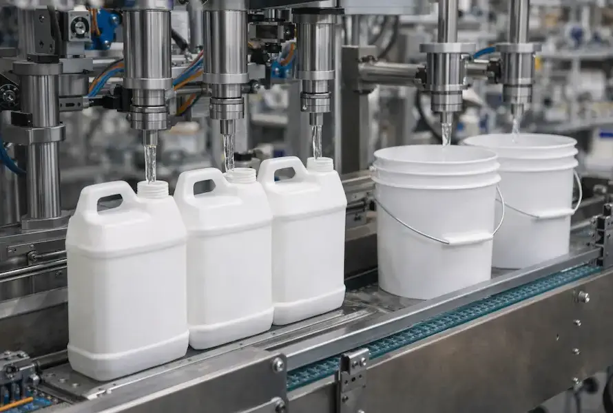 Llenado automatizado de envases industriales en línea de producción con máquinas de dosificación y contenedores plásticos