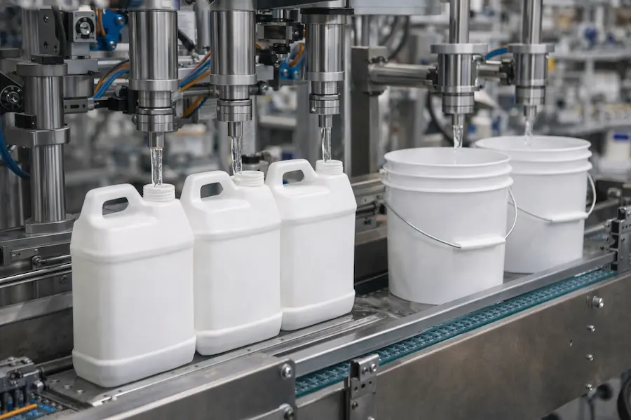 Llenado automatizado de envases industriales en línea de producción con máquinas de dosificación y contenedores plásticos