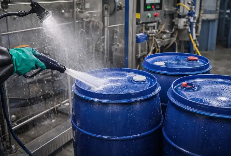 Proceso de limpieza industrial de bidones HDPE con agua a presión para mantenimiento y prevención de contaminación