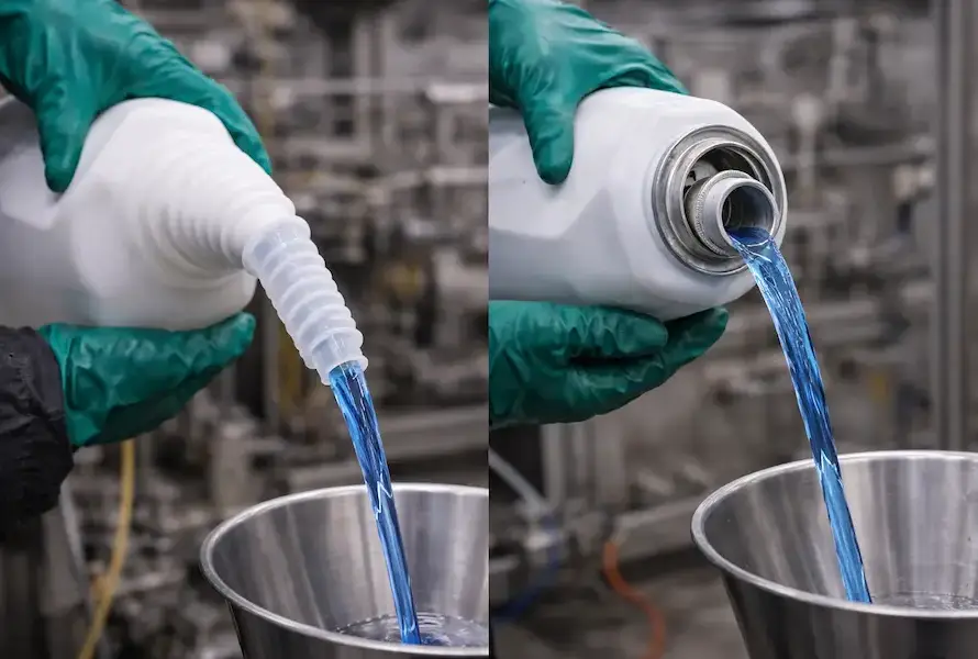 Sistema de vertido preciso con tapones Flex Spout Rieke y Tin Plug en envases industriales para dosificación segura de líquidos