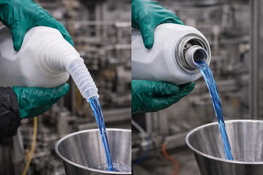 Sistema de vertido preciso con tapones Flex Spout Rieke y Tin Plug en envases industriales para dosificación segura de líquidos