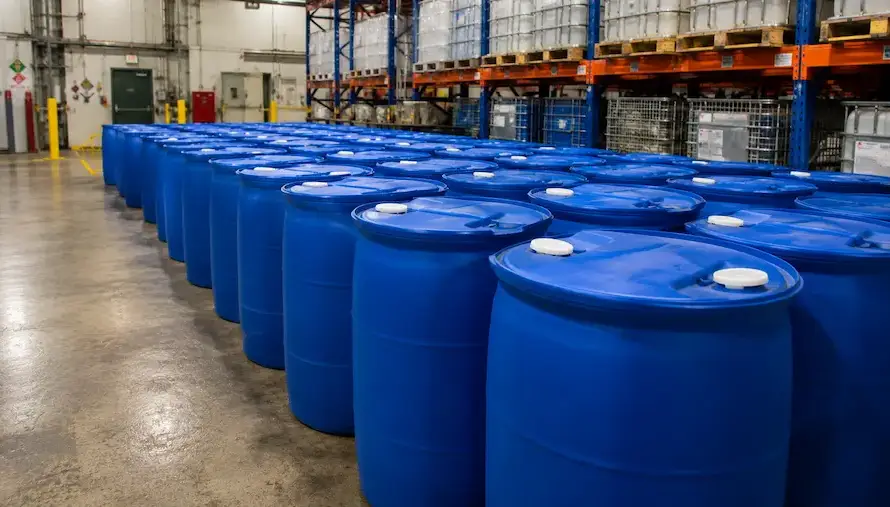 Bidones HDPE para productos químicos almacenados en bodega industrial