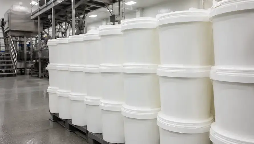 Cubetas de plástico grado alimenticio HDPE virgen en línea de producción