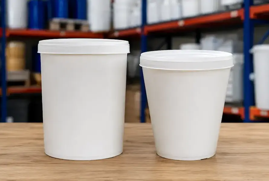 Bote de plástico de 1 litro recto junto a bote cónico para comparar usos y formas
