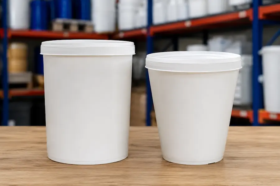 Bote de plástico de 1 litro recto junto a bote cónico para comparar usos y formas