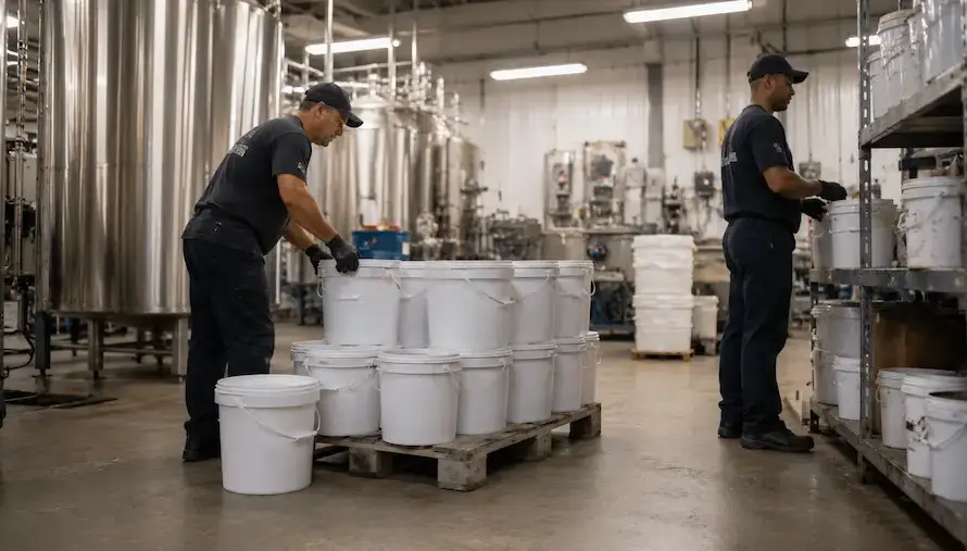 Cubetas de plástico de 10 litros en área industrial con trabajadores organizando envases
